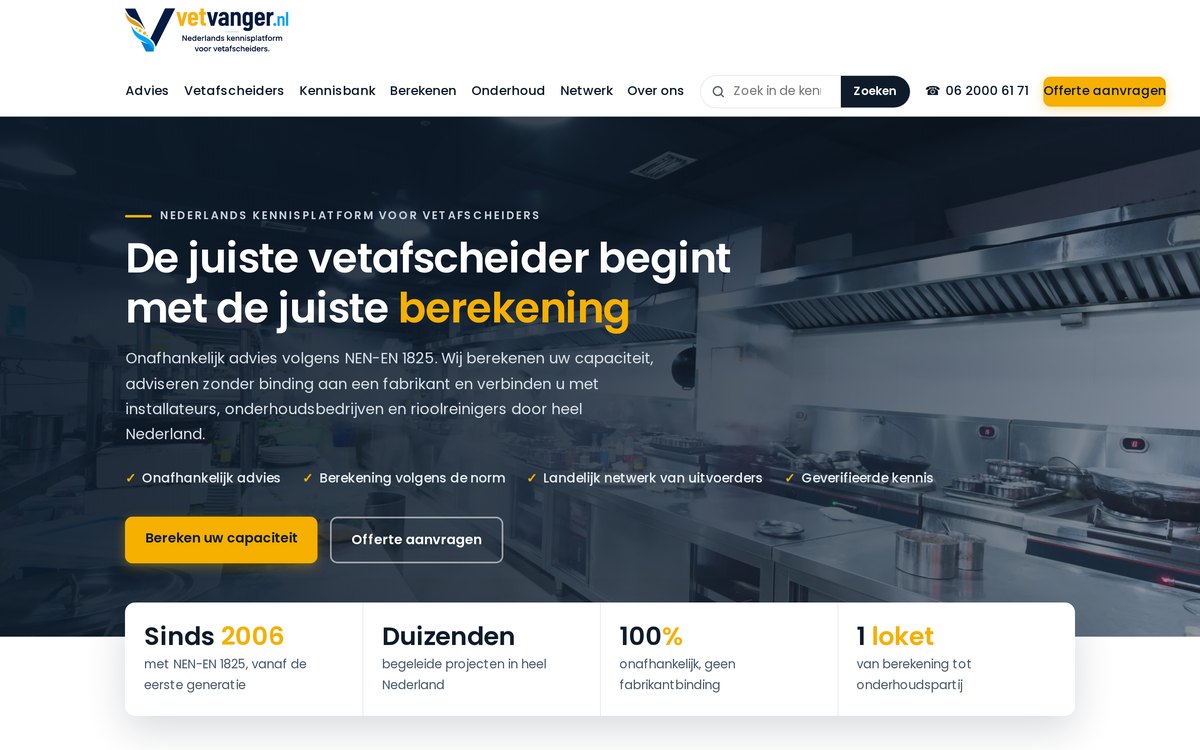 Homepage van vetvanger.nl, kennisplatform voor vetafscheiders